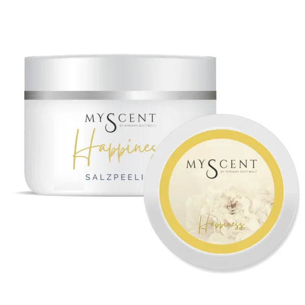 Handgefertigtes Salzpeeling "Happiness" aus der Manufaktur Miriams Duftwelt Vegane Naturkosmetik mit hochwertigen Bio-Ölen und frei von jeglichen Zusatzstoffen. 250 g