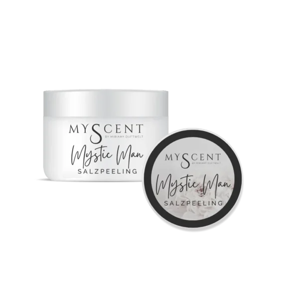 Handgefertigtes Salzpeeling "Mystic Man" aus der Manufaktur Miriams Duftwelt Vegane Naturkosmetik mit hochwertigen Bio-Ölen und frei von jeglichen Zusatzstoffen. 130 g