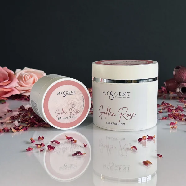 Handgefertigtes veganes Salzpeeling "Golden Rose" aus der Manufaktur Miriams Duftwelt Vegane Naturkosmetik mit hochwertigen Bio-Ölen und frei von jeglichen Zusatzstoffen. 250 g und 130g